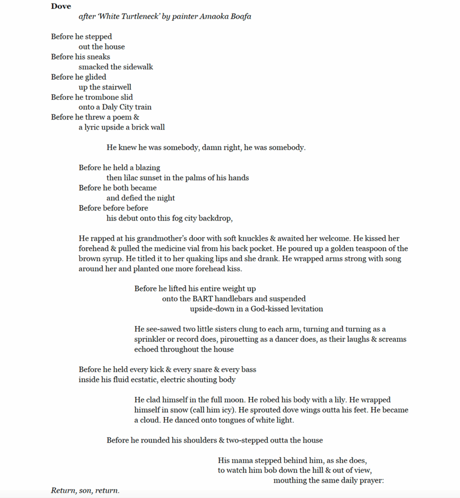 Screenshot of the poem Dove by MJ Jones.